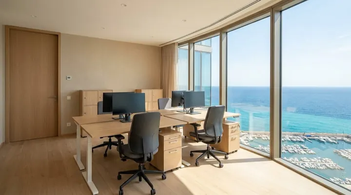Dedicated Desk with sea view: height-adjustable desk and 4K monitor in the shared office at the main location in Larnaca, Cyprus