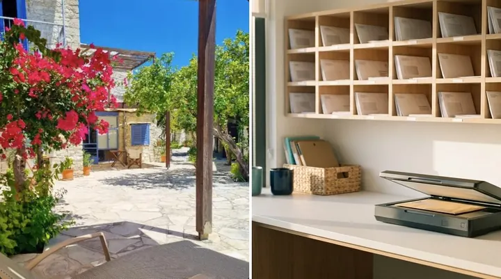 Apartment terrace with bougainvillea and a stone floor beside a mailbox unit with scanner: private address and business address in one package