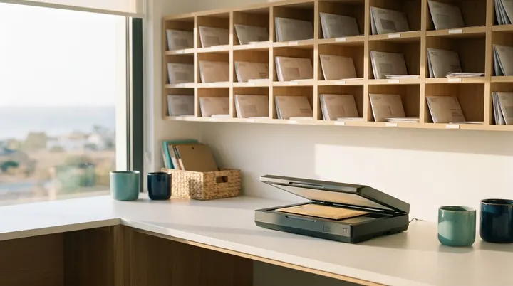 Mailbox unit with envelopes and an open scanner by a sea-view window, for mail scanning in Cyprus