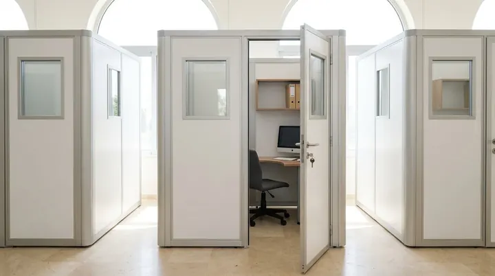 Row of small lockable aluminium offices with white panels in the business centre, one door open to a desk
