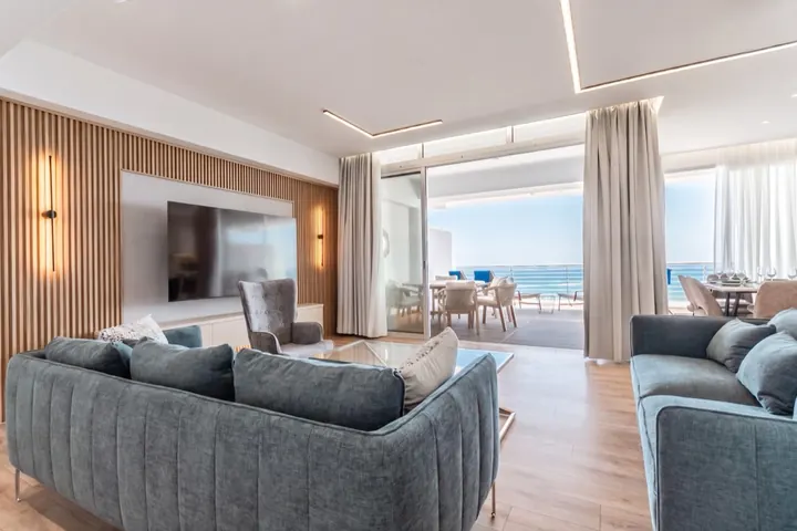Living room of a marina residence in Larnaca, Cyprus, with a view over the marina