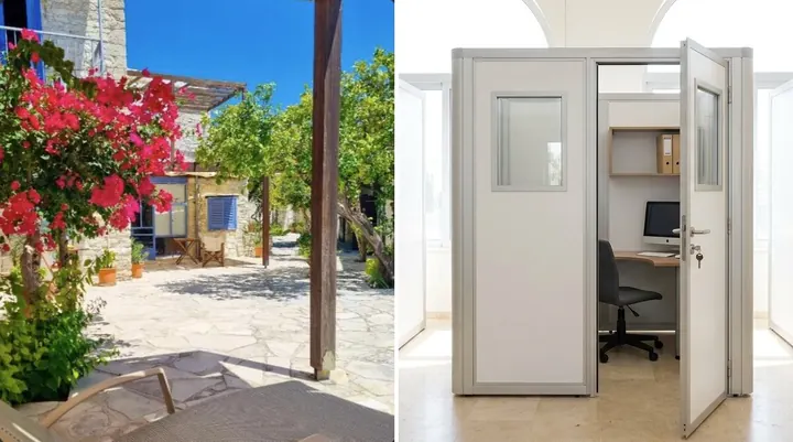 Apartment terrace with bougainvillea and a stone floor beside the lockable Office Cube with its door open: private address and your own office in one package